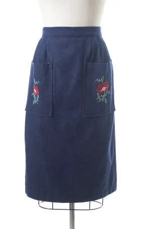 1970s Floral Embroidered Denim Skirt with Pockets | small/medium