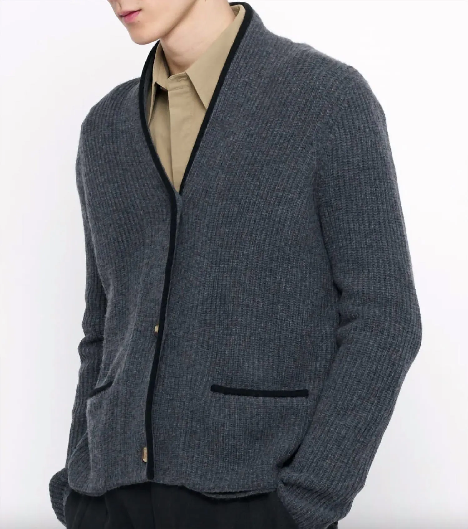 7115 By Szeki - V-Neck Pockets Trimmed Cardigan - Unisex