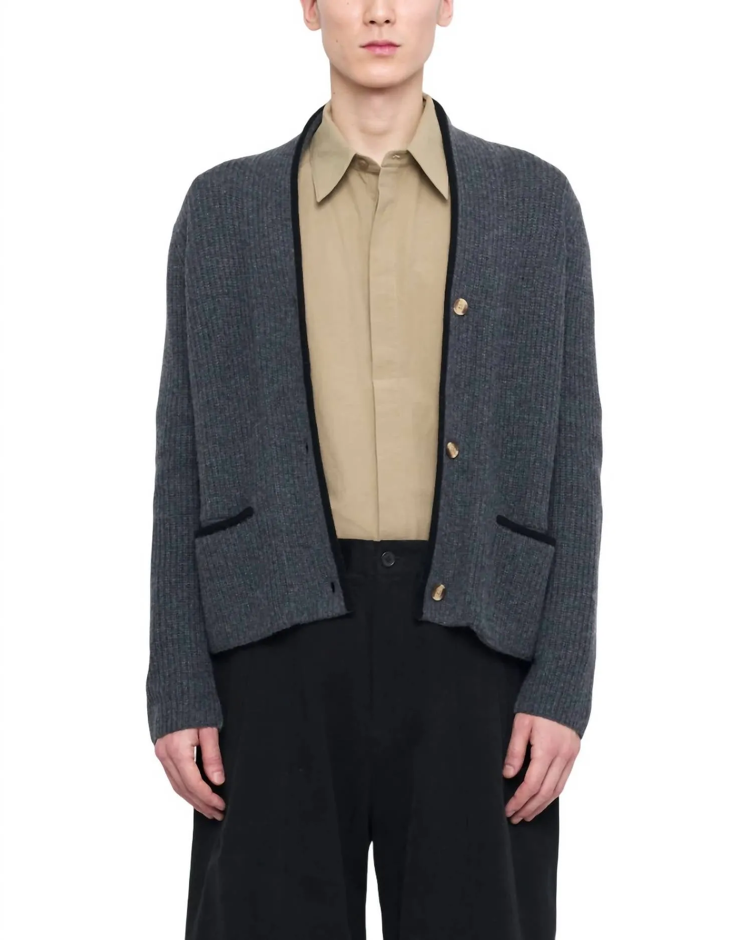 7115 By Szeki - V-Neck Pockets Trimmed Cardigan - Unisex