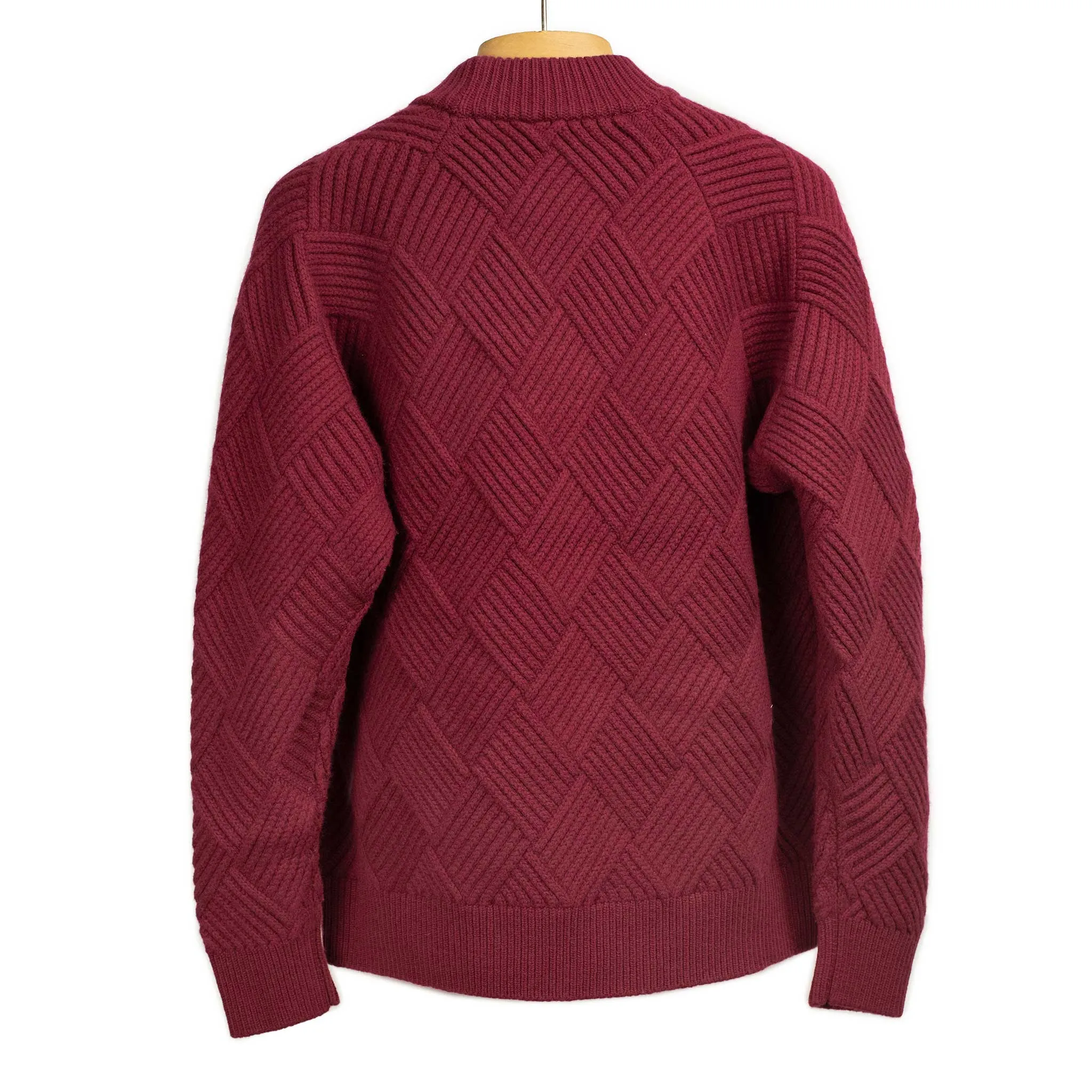 Basketweave mockneck sweater in brick red Merino wool