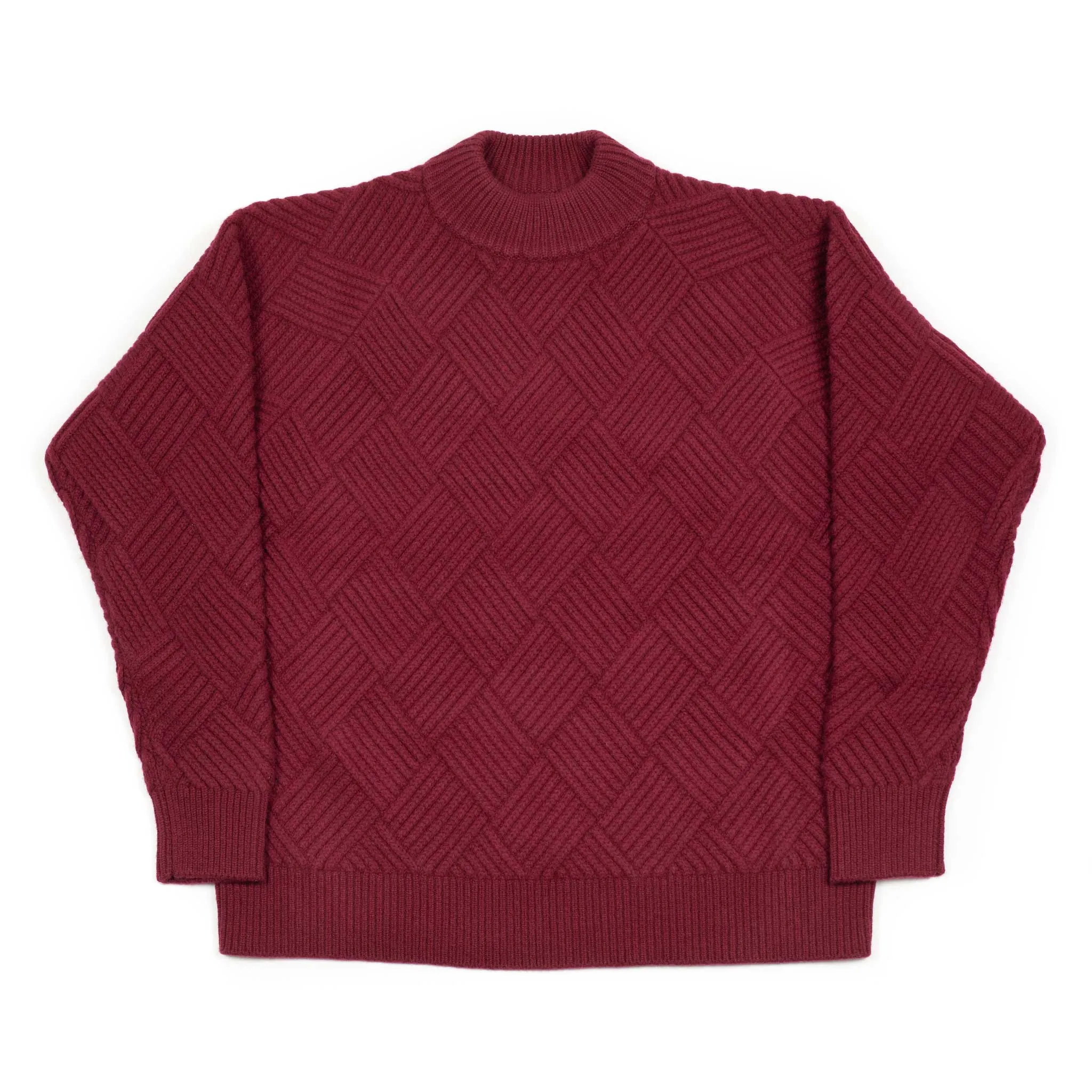 Basketweave mockneck sweater in brick red Merino wool