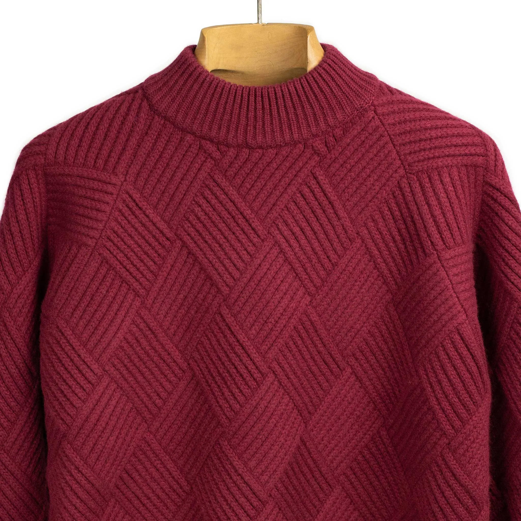 Basketweave mockneck sweater in brick red Merino wool