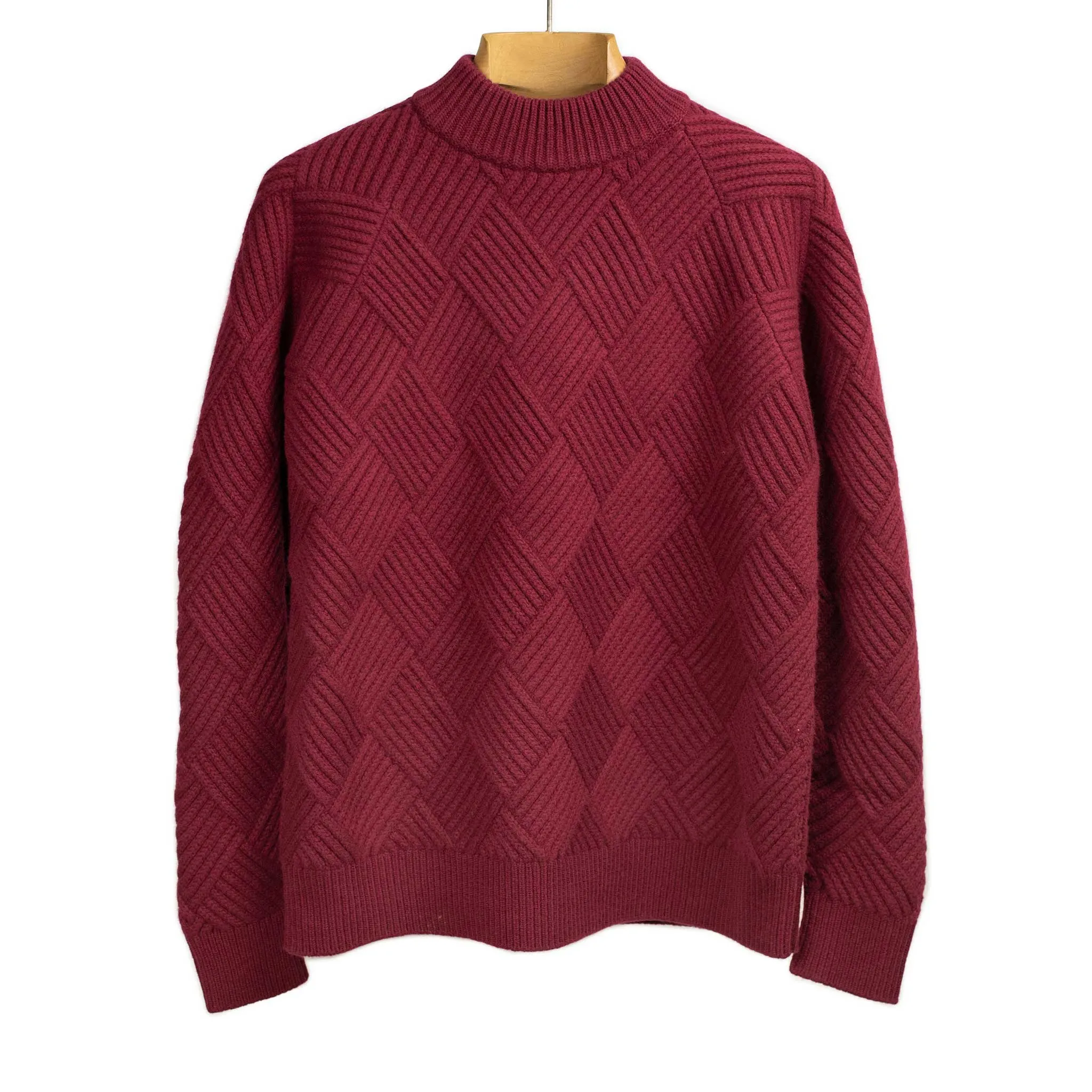 Basketweave mockneck sweater in brick red Merino wool
