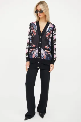 Black & Multi Floral Silk Knit Cardigan