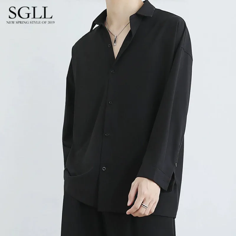 Black Shirt Men Long Sleeved Korean Trendy Stylish dkUniform Casual White Men Shirt