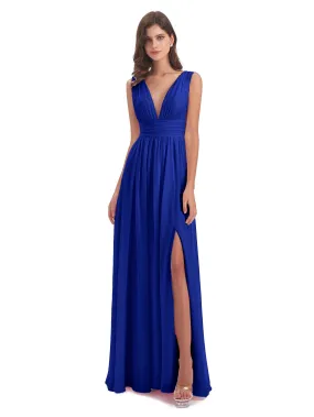 Bridesmaid Dresses Royal Blue Charming Chiffon V Neck Split Long Bridesmaid Dresses
