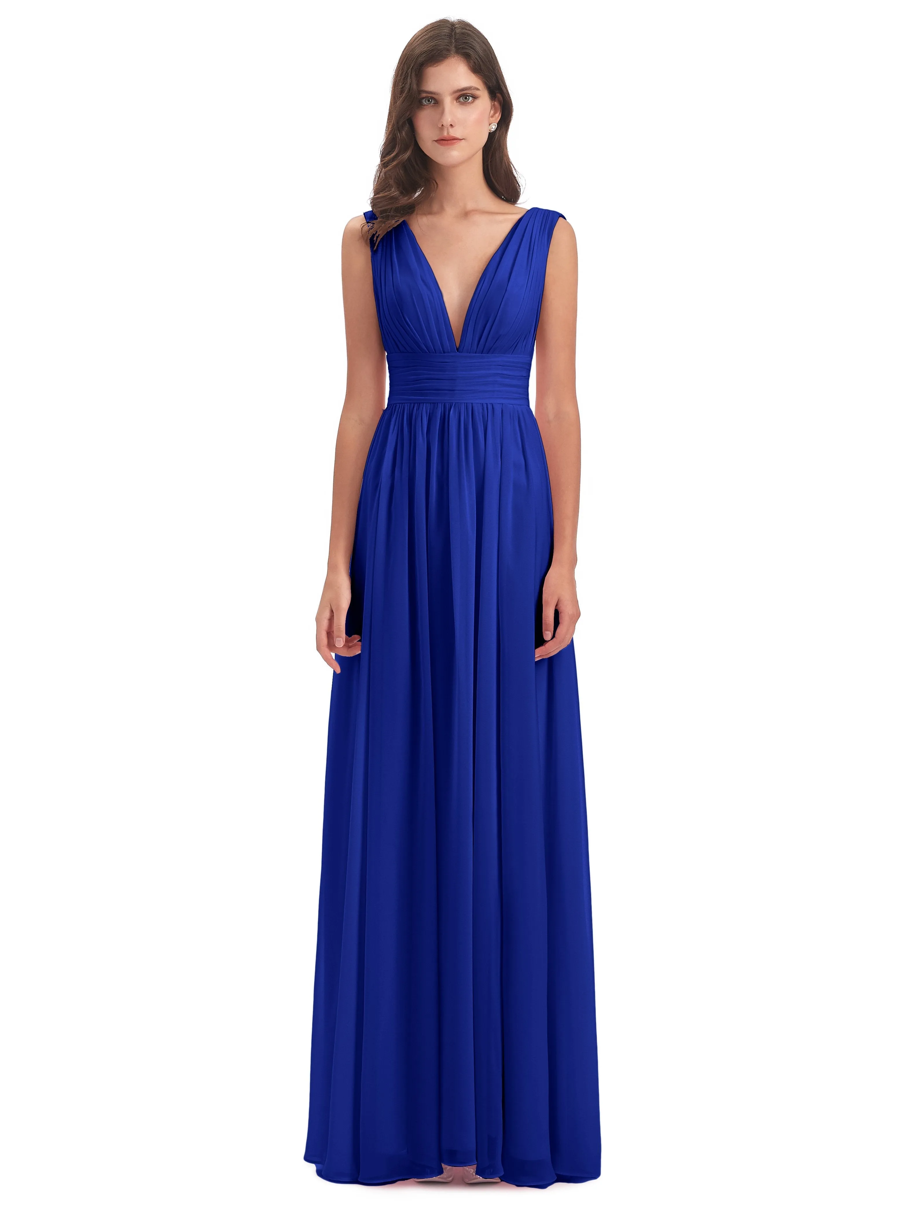 Bridesmaid Dresses Royal Blue Charming Chiffon V Neck Split Long Bridesmaid Dresses
