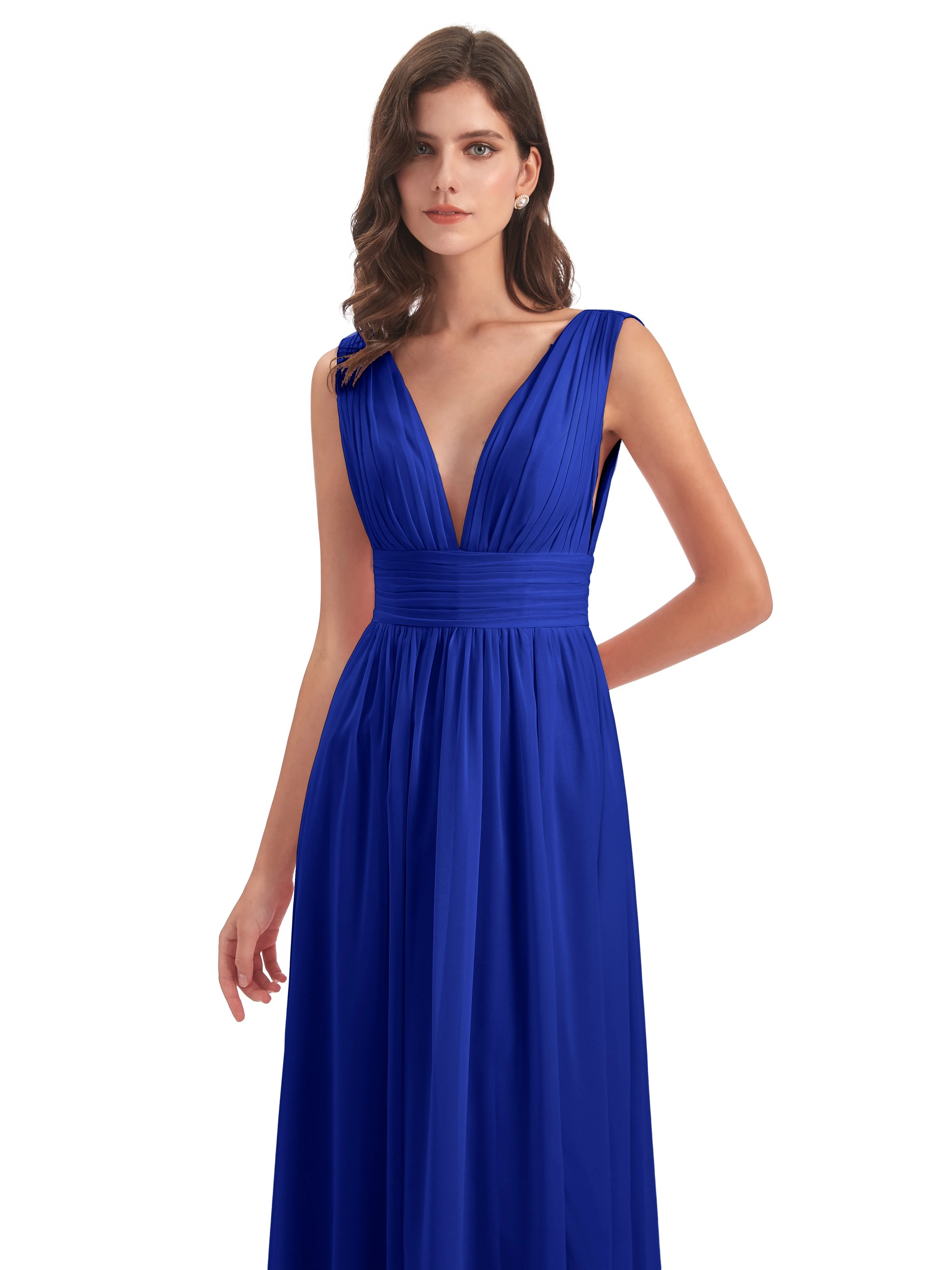Bridesmaid Dresses Royal Blue Charming Chiffon V Neck Split Long Bridesmaid Dresses