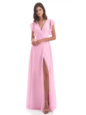 Candy Pink Bridesmaid Dresses Hope Charming V Neck Long Chiffon Bridesmaid Dresses