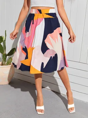 Casual All Over Print High Waist Midi Women Skirts