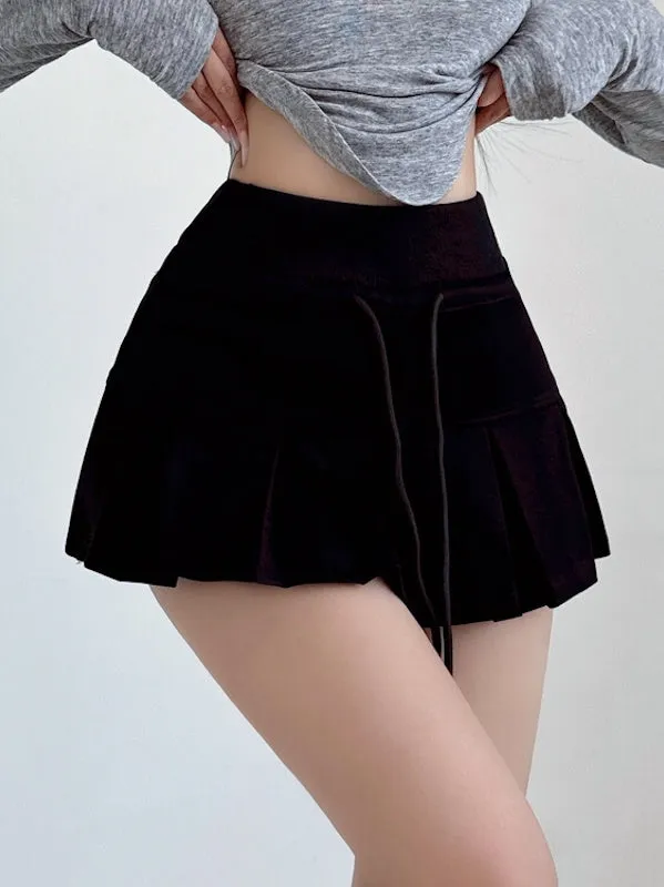 Casual high-waist pleated drawstring mini skirt