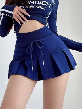 Casual high-waist pleated drawstring mini skirt