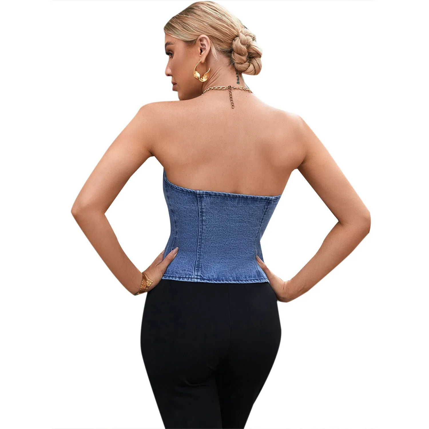 Casual Trendy Tube Bustier Sexy Backless Denim Cami Top