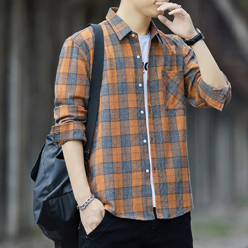 Chequered Long Sleeved Shirt Men Korean Slim Look Trendy Loose Hong Kong Stylish All-Matching Tops Men Shirt