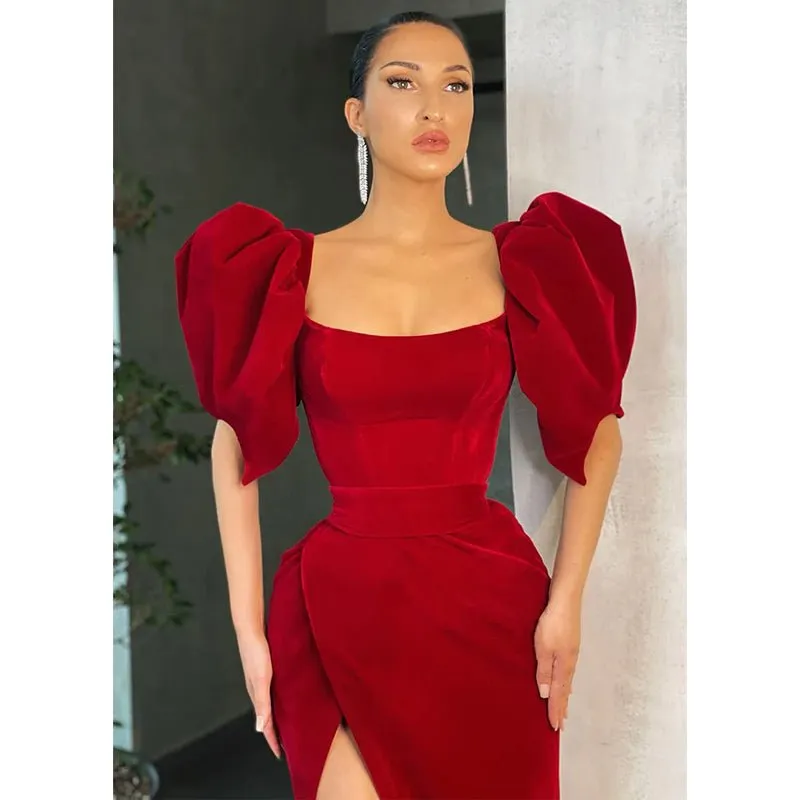Chic Scoop Puffy Sleeves Vintage Formal Evening Gowns with Slit
