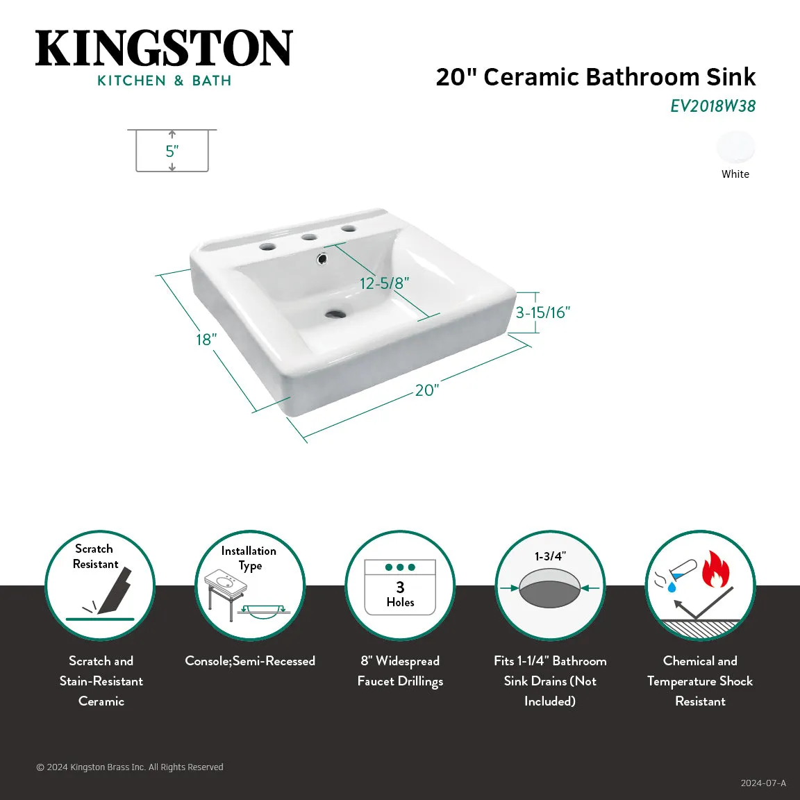 Concord EV2018W38 20-Inch Console Sink Basin (8-Inch, 3-Hole), White
