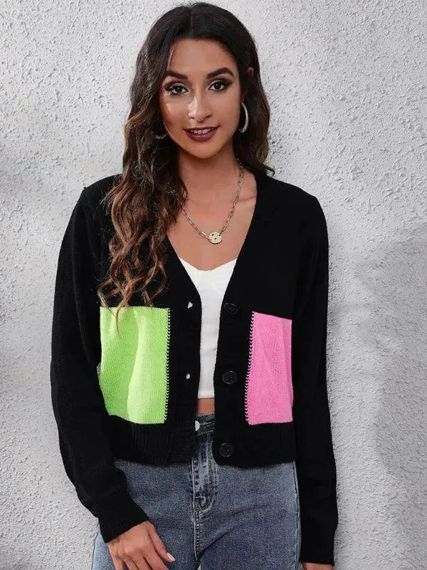 Contrast Stitched Women Cardigan Sweater