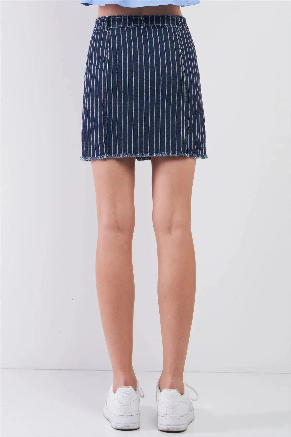 Dark Blue & Red Striped Print High Waist Button-Down Front Raw Hem Detail Denim Mini Skirt /2-1-1