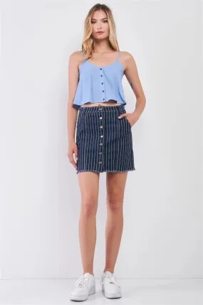 Dark Blue & Red Striped Print High Waist Button-Down Front Raw Hem Detail Denim Mini Skirt /2-1-1