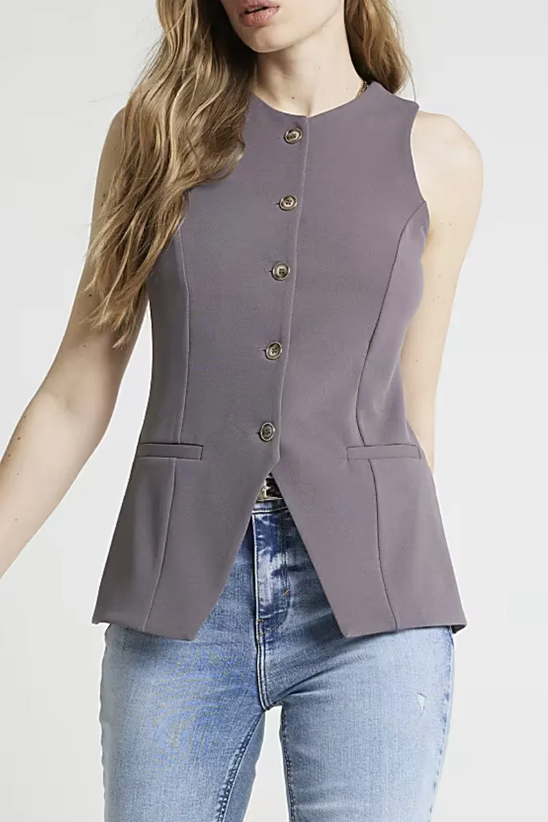 Ex River Island Buttoned Grey Crew Neck Waistcoat