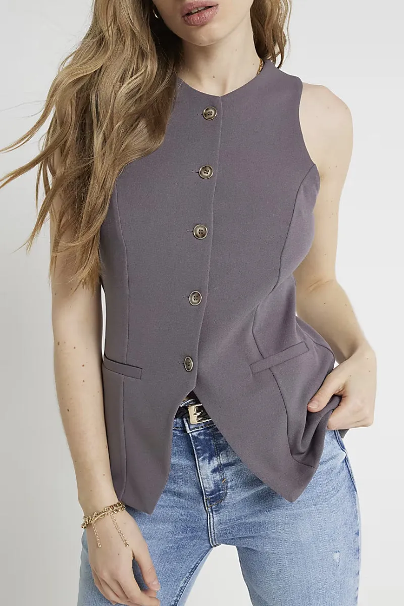 Ex River Island Buttoned Grey Crew Neck Waistcoat