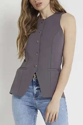 Ex River Island Buttoned Grey Crew Neck Waistcoat