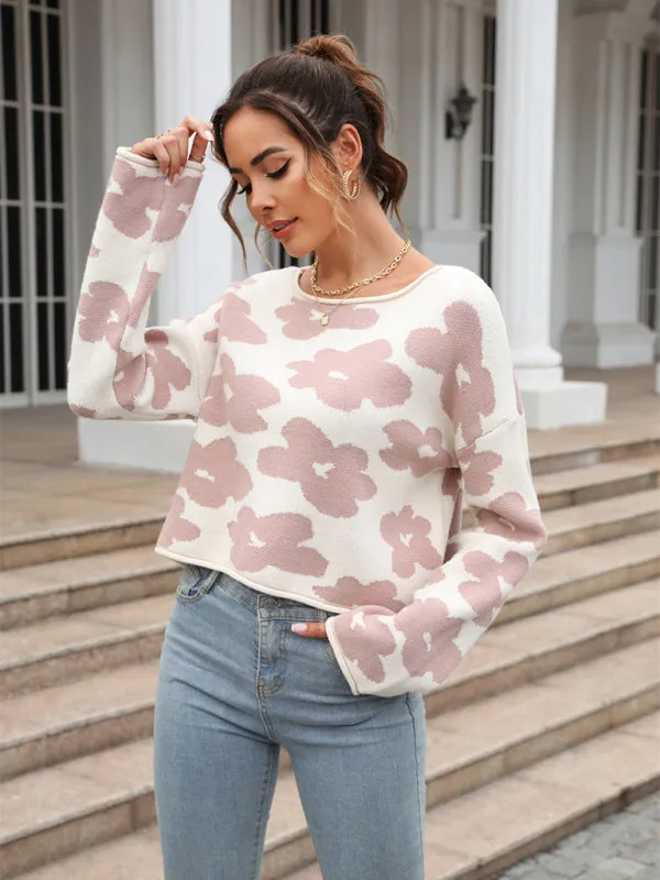 Floral Knitted Cozy Long Sleeve Crop Sweater
