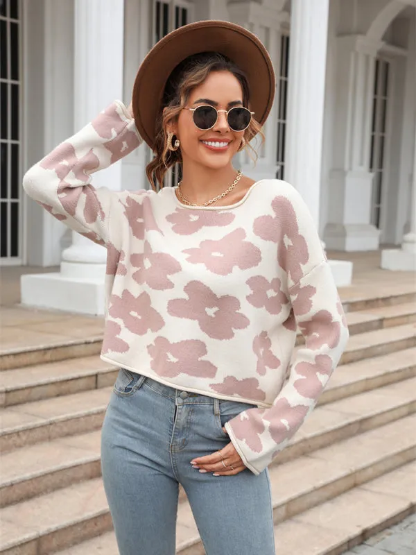 Floral Knitted Cozy Long Sleeve Crop Sweater