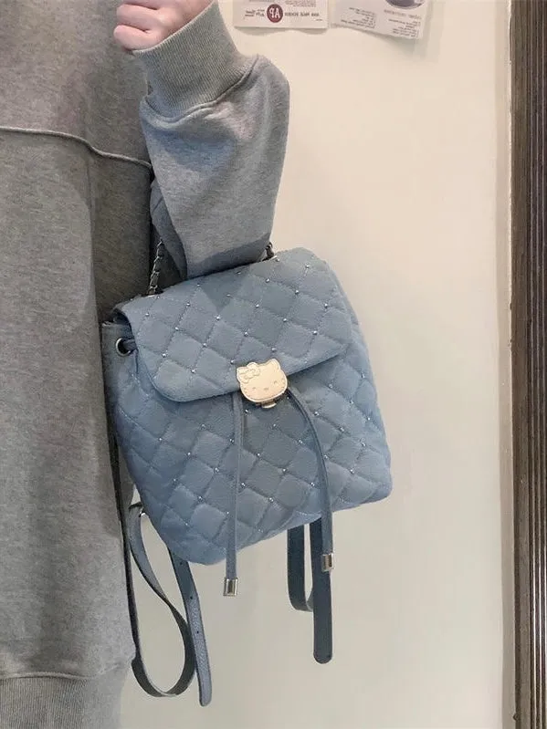 Hellokitty Rhinestone Embroidery Line Denim Shoulder Bag Cute Chain Backpack
