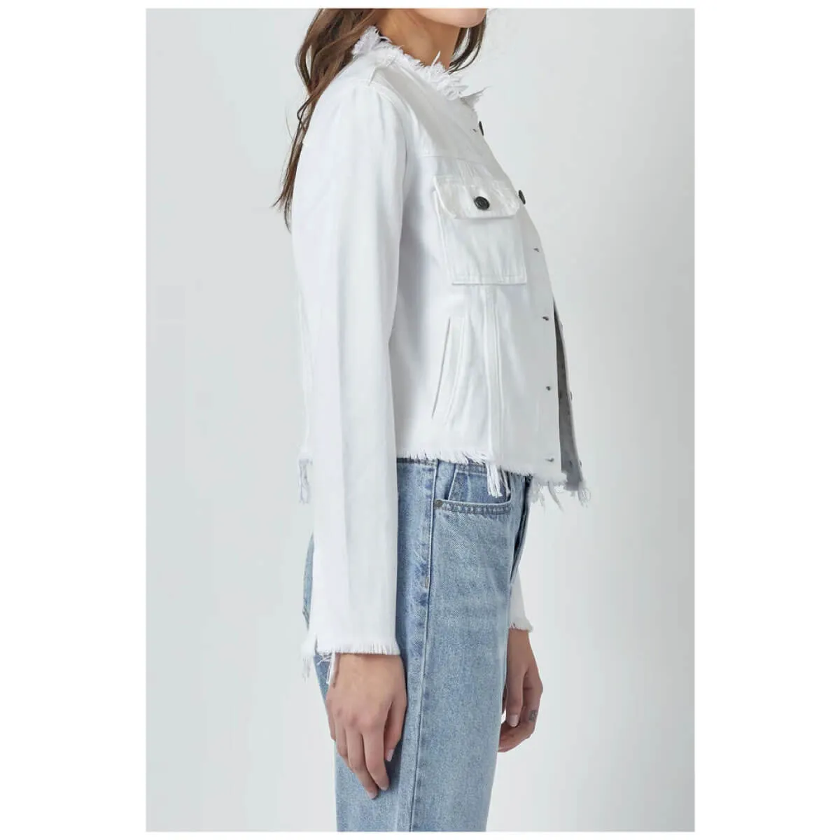 Hidden Jeans Distressed Collarless Denim Jacket