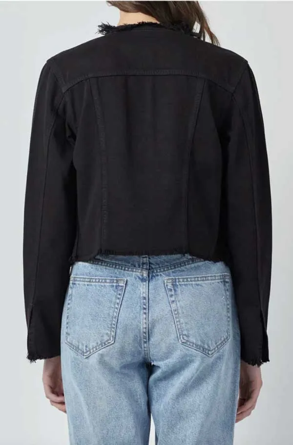 Hidden Jeans Distressed Collarless Denim Jacket