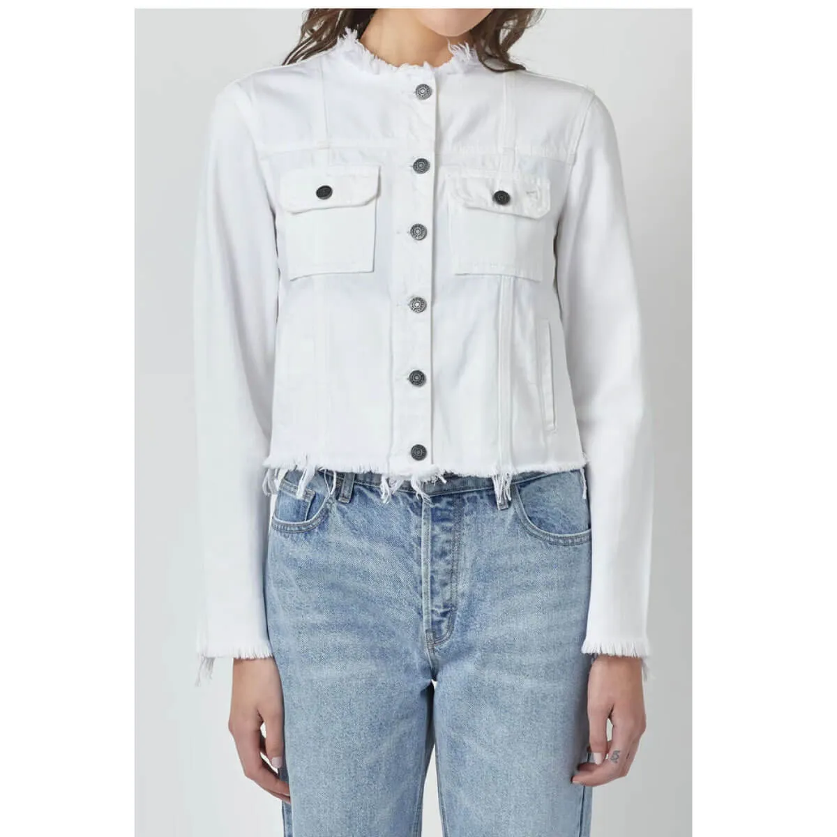 Hidden Jeans Distressed Collarless Denim Jacket