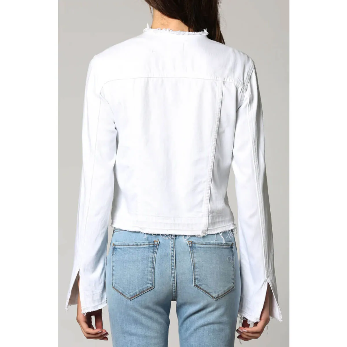 Hidden Jeans Distressed Collarless Denim Jacket