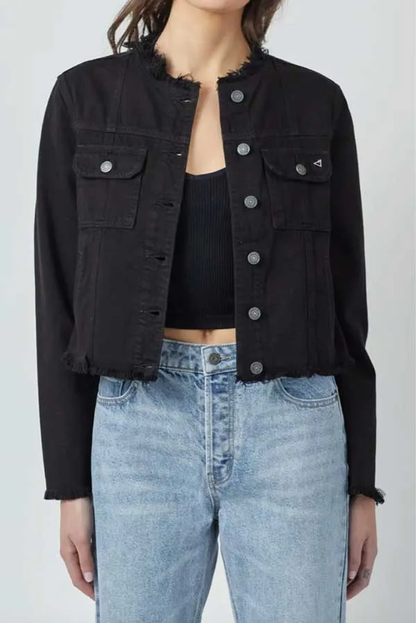 Hidden Jeans Distressed Collarless Denim Jacket