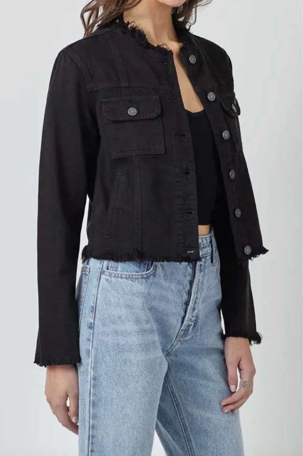 Hidden Jeans Distressed Collarless Denim Jacket
