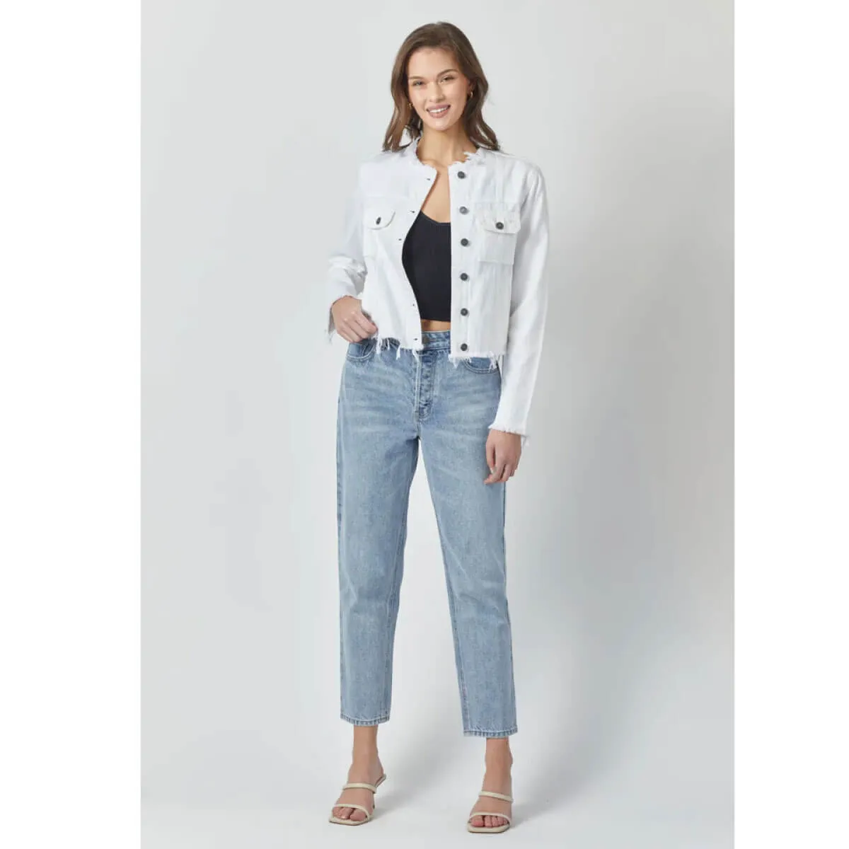 Hidden Jeans Distressed Collarless Denim Jacket