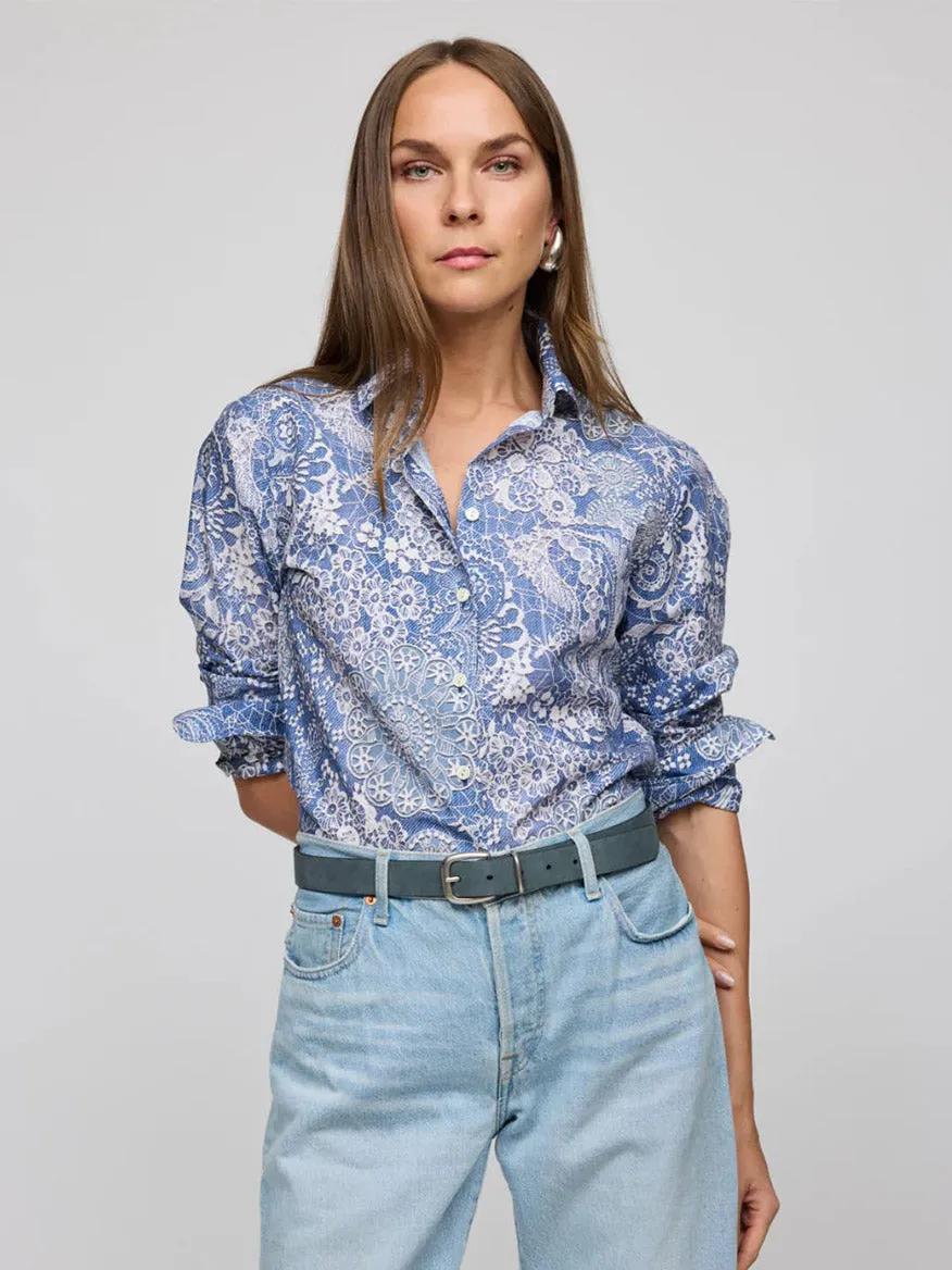 Hinson Wu Margot Long Sleeve Lace Print in Blue/Ecru