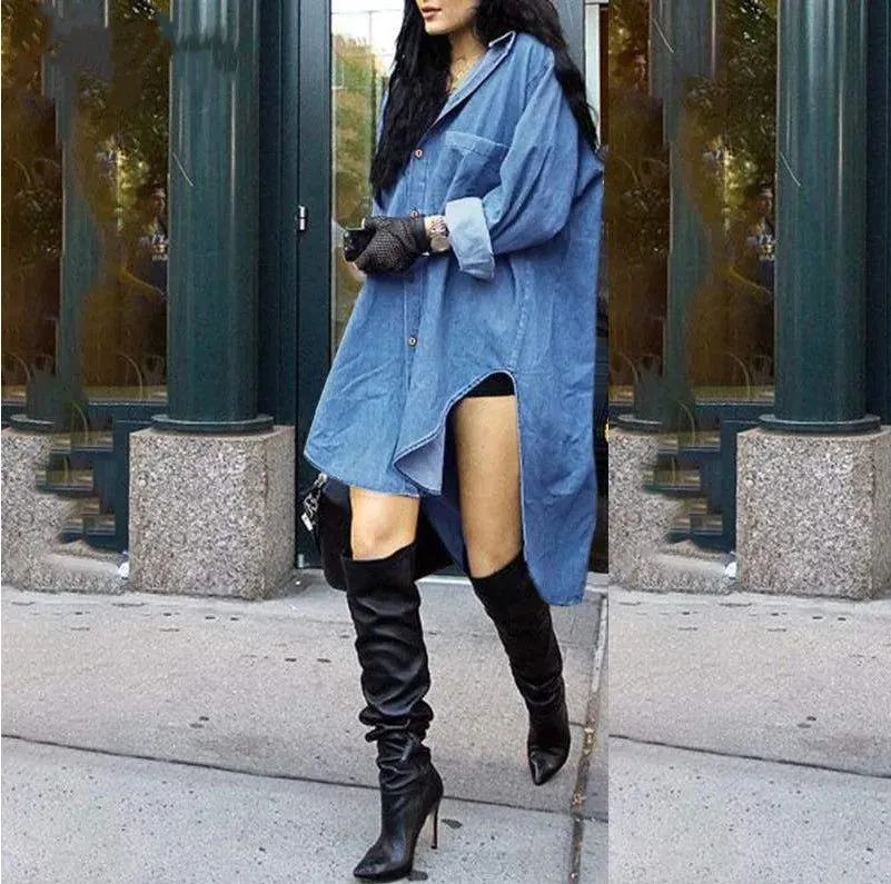Irregular Side Design Collared Denim Shirt Dresses
