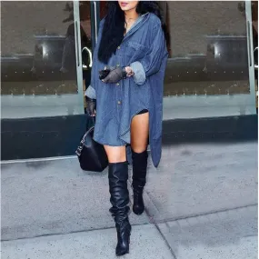 Irregular Side Design Collared Denim Shirt Dresses