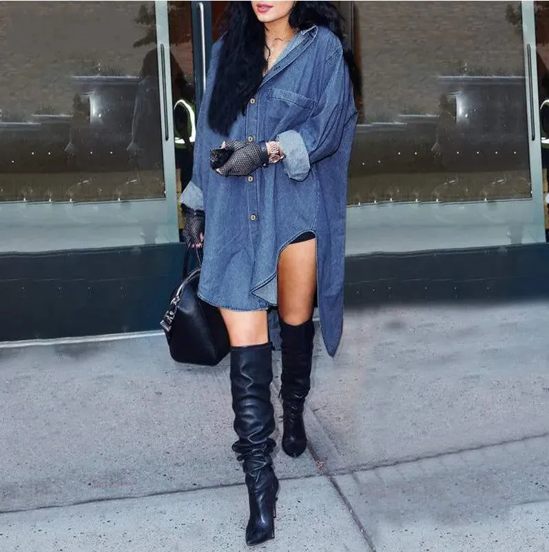 Irregular Side Design Collared Denim Shirt Dresses