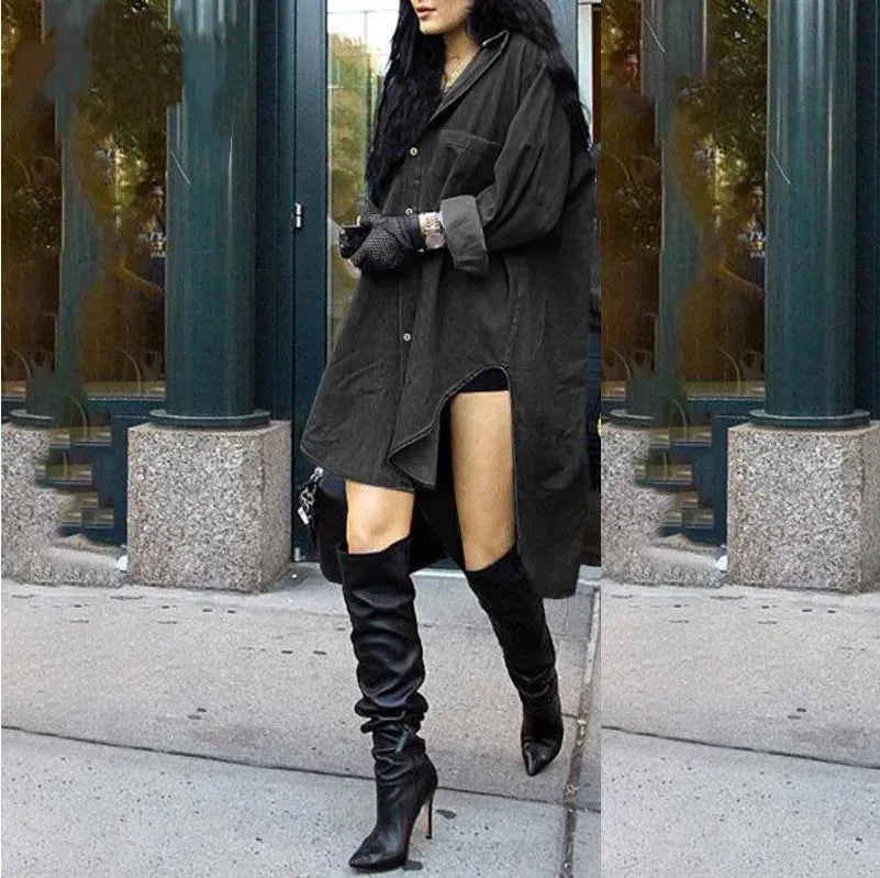 Irregular Side Design Collared Denim Shirt Dresses