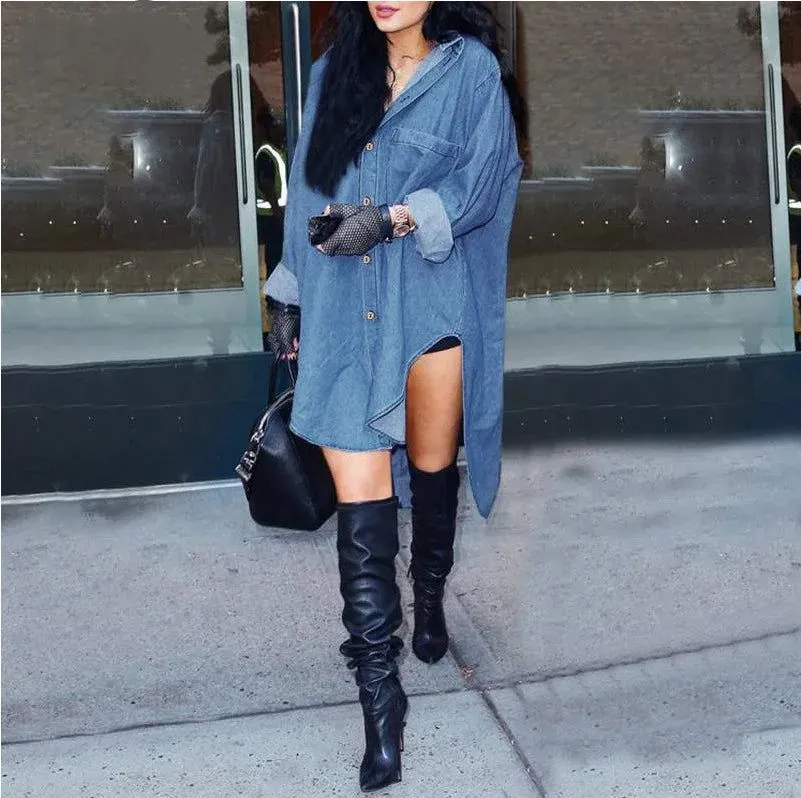 Irregular Side Design Collared Denim Shirt Dresses