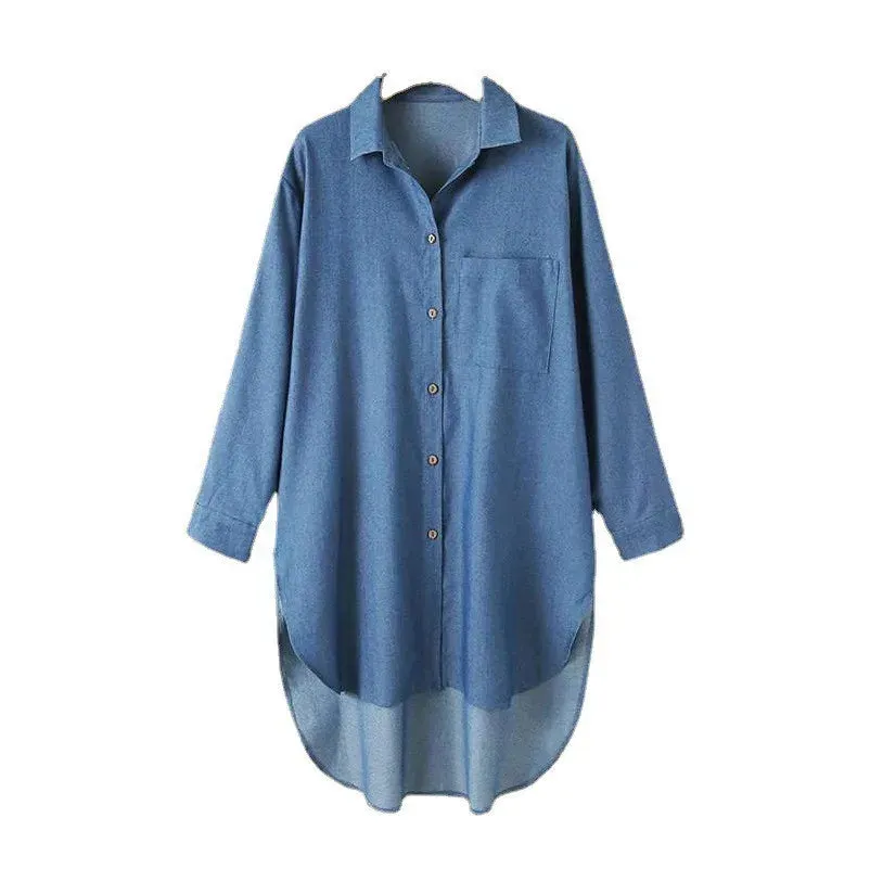 Irregular Side Design Collared Denim Shirt Dresses
