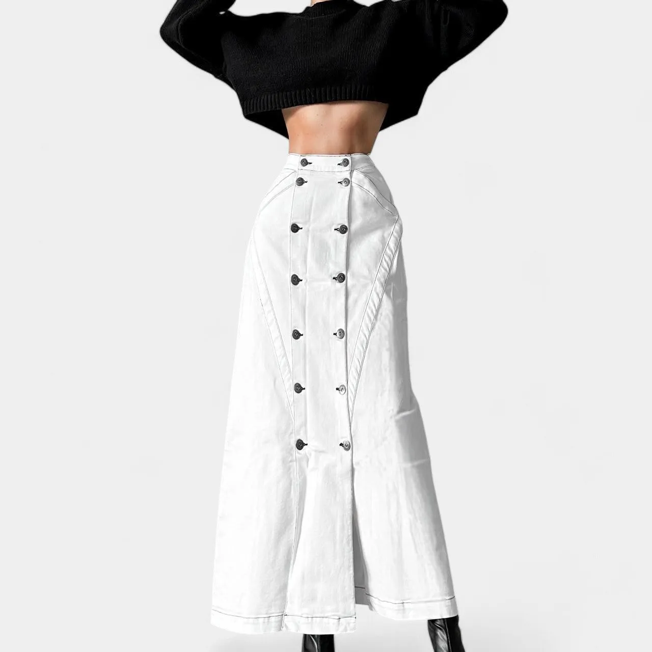 Jason Wu White Button Front Detail A-Line Denim High Waisted Maxi Skirt Size XS