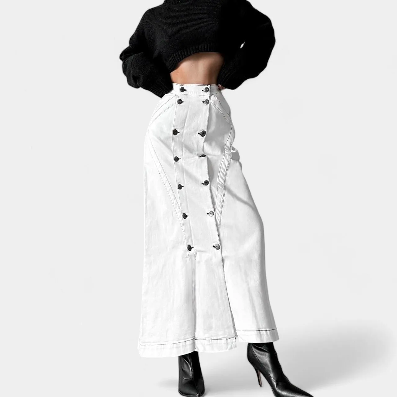 Jason Wu White Button Front Detail A-Line Denim High Waisted Maxi Skirt Size XS