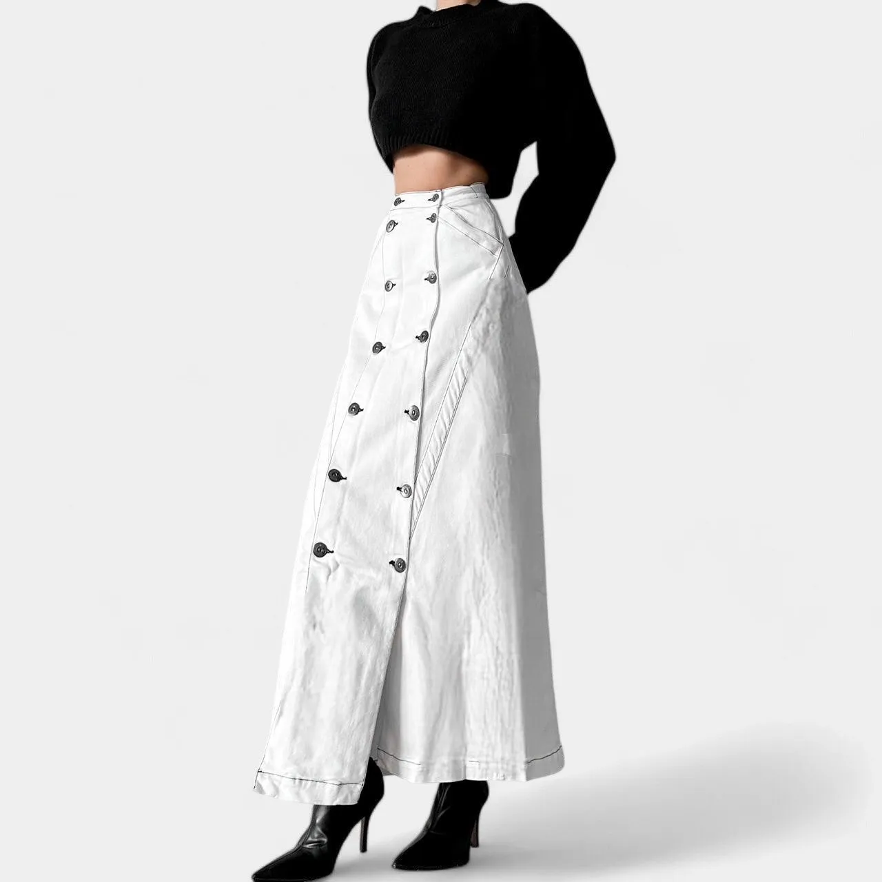 Jason Wu White Button Front Detail A-Line Denim High Waisted Maxi Skirt Size XS