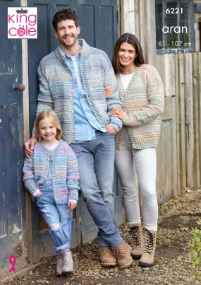 King Cole 6221 Aran Knitting Pattern - Family Cardigans (24-42in)