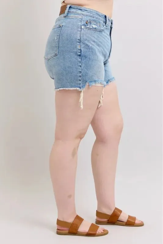 Light Wash High-Waisted Rigid Magic Destroy Denim Shorts