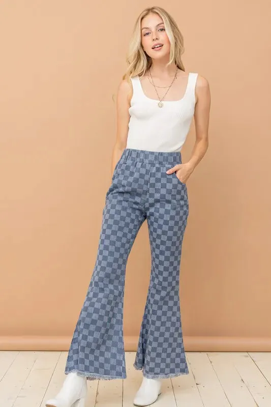 Medium Wash Denim Checkerboard High-Waisted Bell Bottom Pants