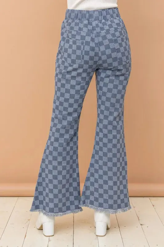 Medium Wash Denim Checkerboard High-Waisted Bell Bottom Pants